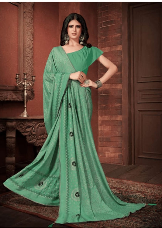  Elegant chiffon saree with smooth, flowing drapes, adding a graceful touch to any occasion.
