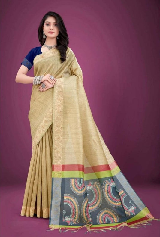 Handwoven cotton Jamdani saree with artistic motifs and a soft drape.