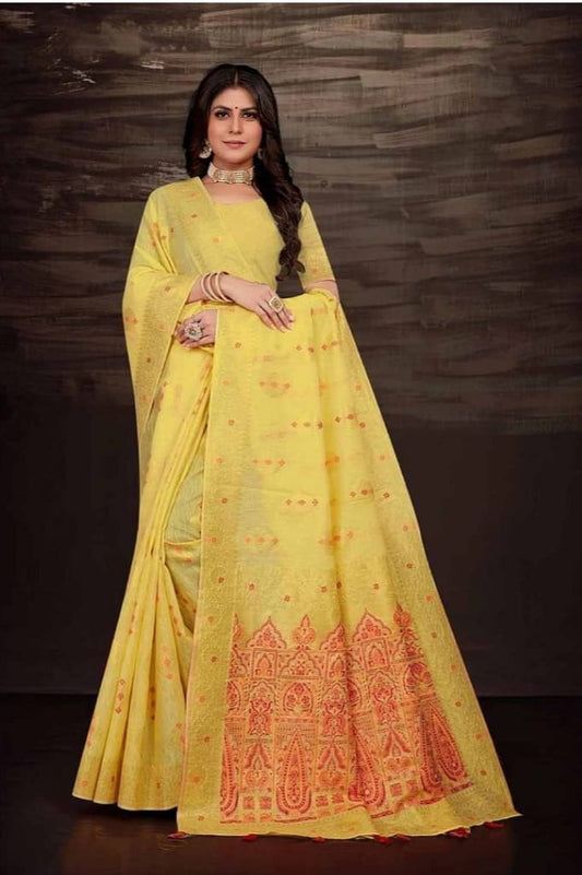 Jacquard saree with intricate woven patterns, adding a luxurious touch to ethnic wear