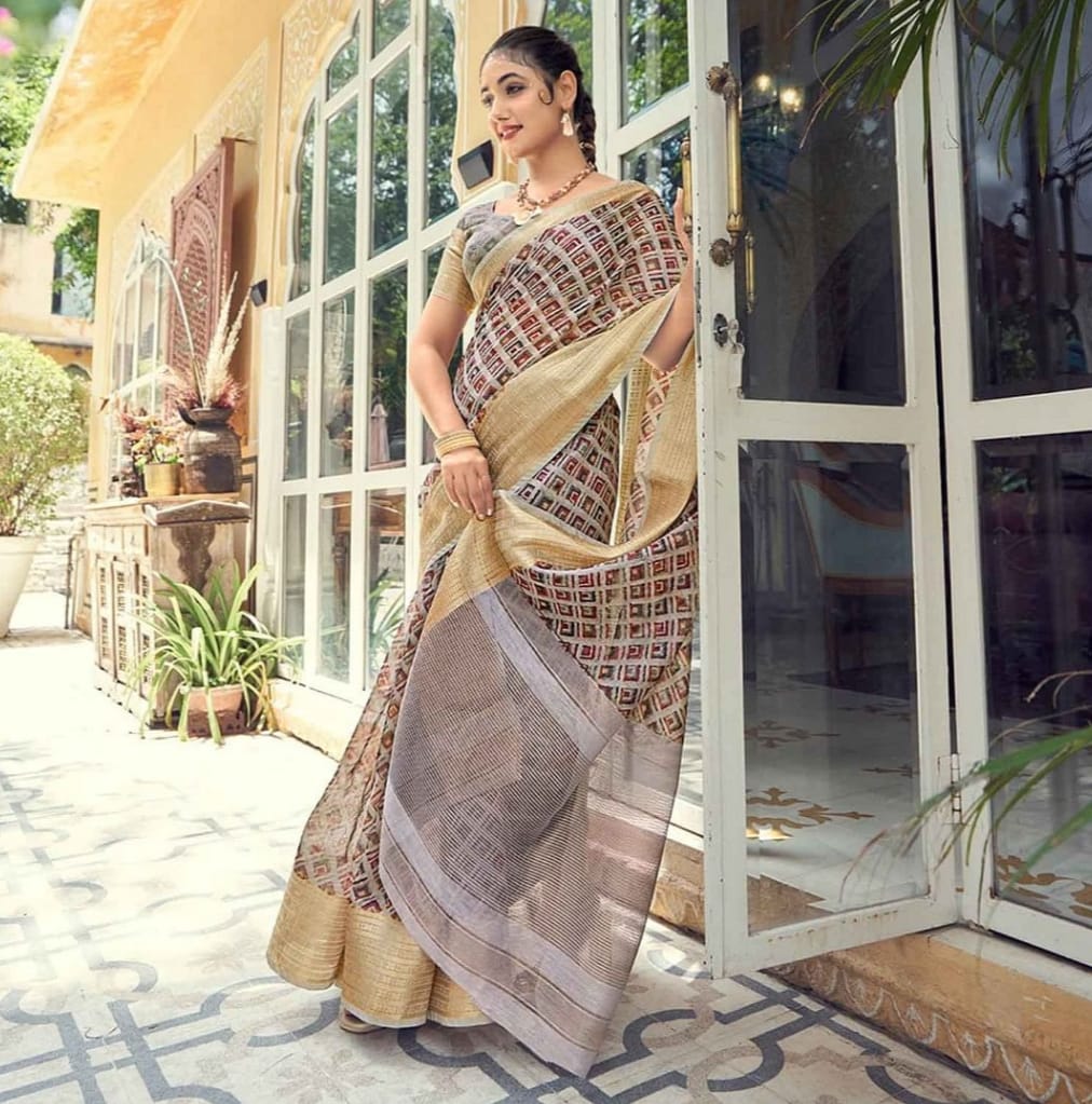 Kota Doria saree with a breathable, lightweight fabric and a subtle sheen.

