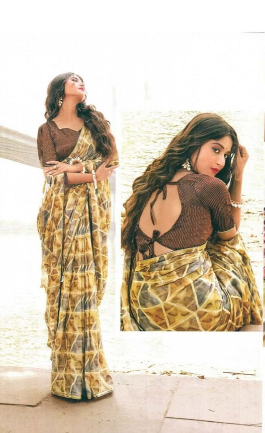  Lightweight tissue saree with a delicate sheen and subtle elegance.